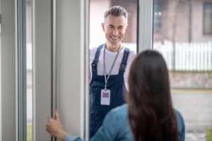 technician arriving at a doorstep of a client